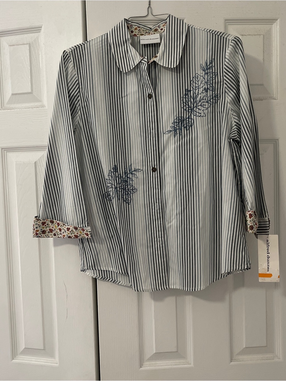Alfred Dunner White and Blue Striped Button-Front Shirt with Floral Embroidery